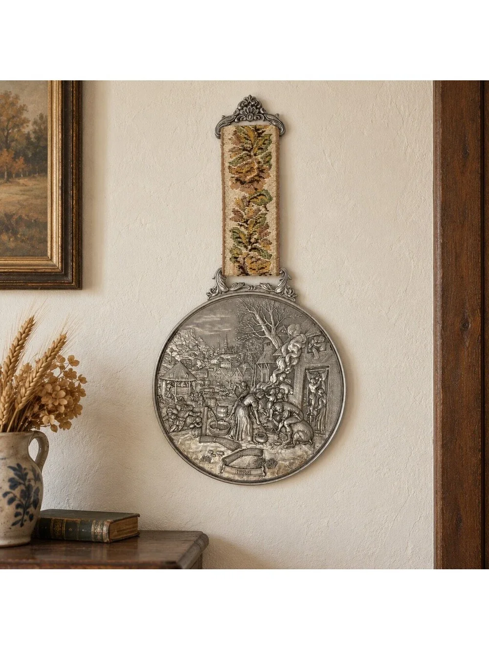 Vintage BMF Zinn Pewter Herbst Autumn German Wall Hanging Bell Pull